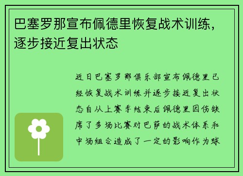 巴塞罗那宣布佩德里恢复战术训练，逐步接近复出状态